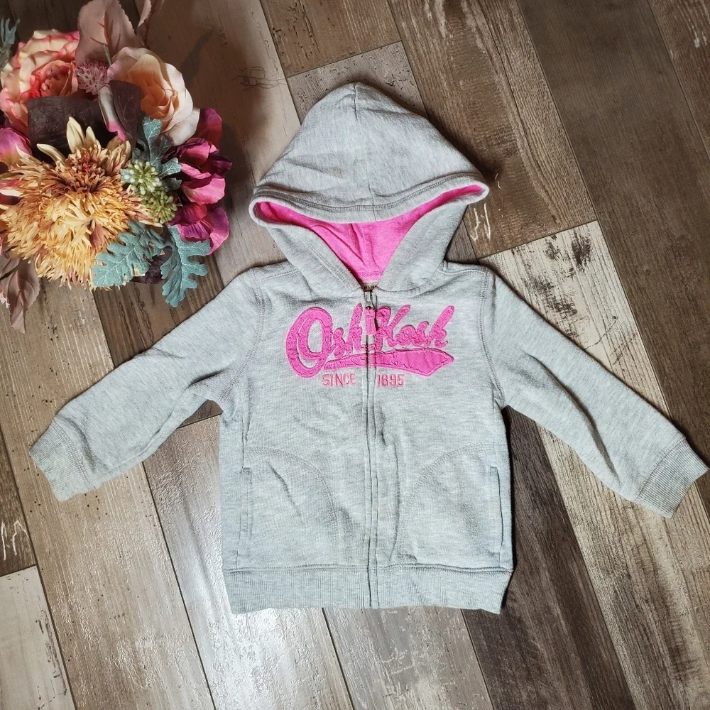 OshKosh B'gosh Gray & Pink Fleece-Lined Zip-Up Jacket Toddler Girl Size 24m